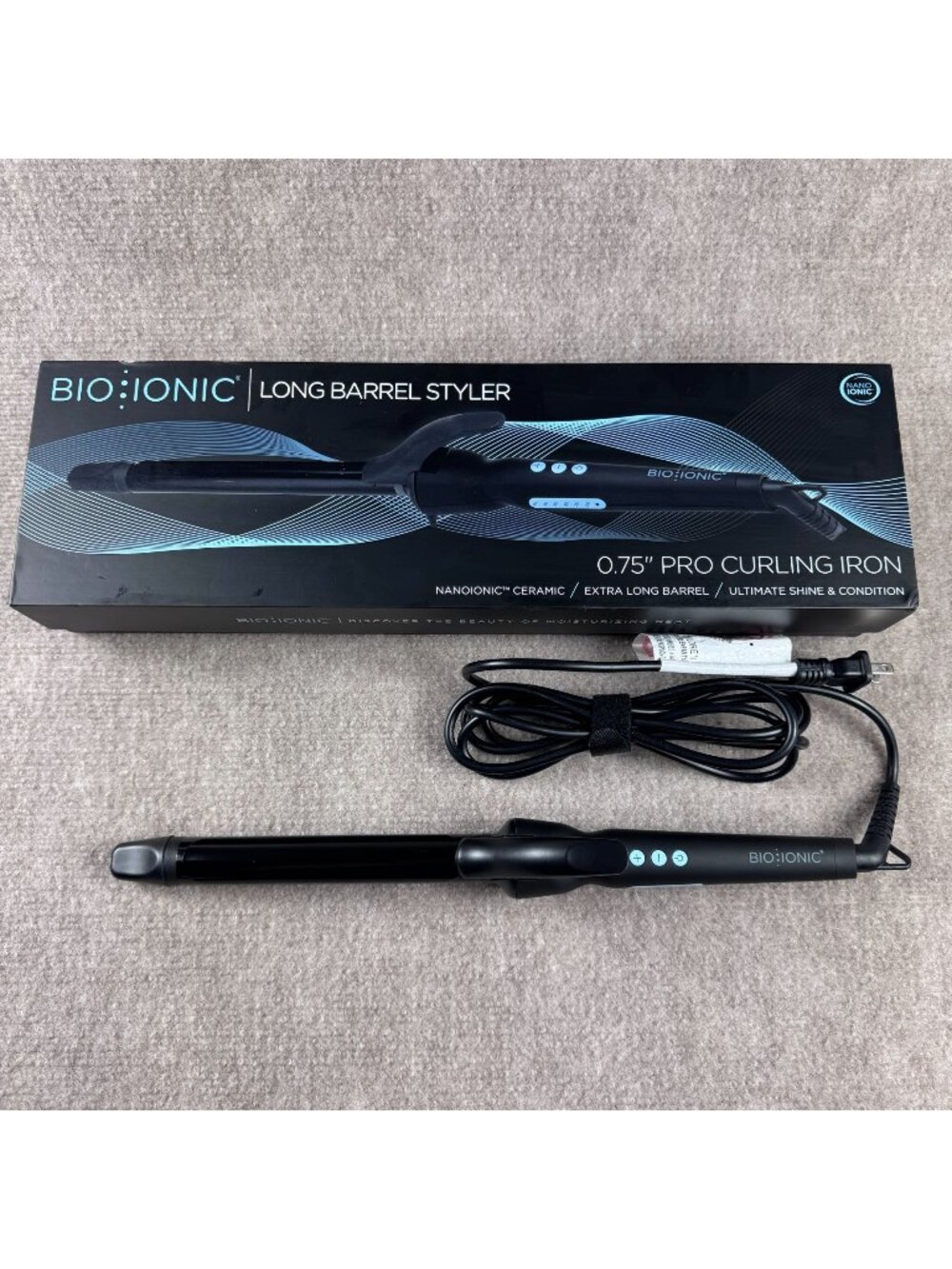 BIO IONIC Long Barrel Curling Iron Styler 0.75-Inch Black Nanoionic Tight Curls